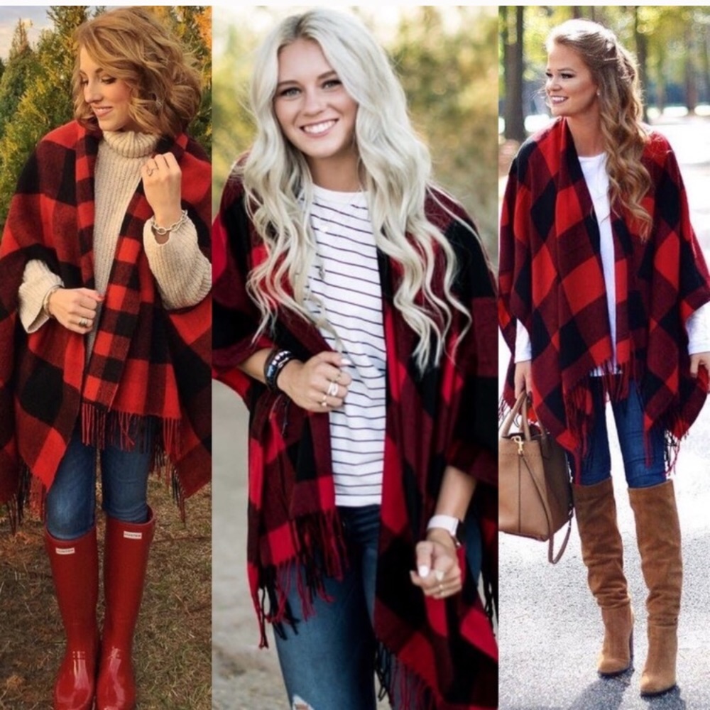 ‼️1 LEFT‼️ Just in red and black plaid poncho - Picture 2 of 7